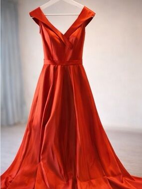 Elegant Off-Shoulder burn orange, Satin Evening Dress.Size 12 NWT